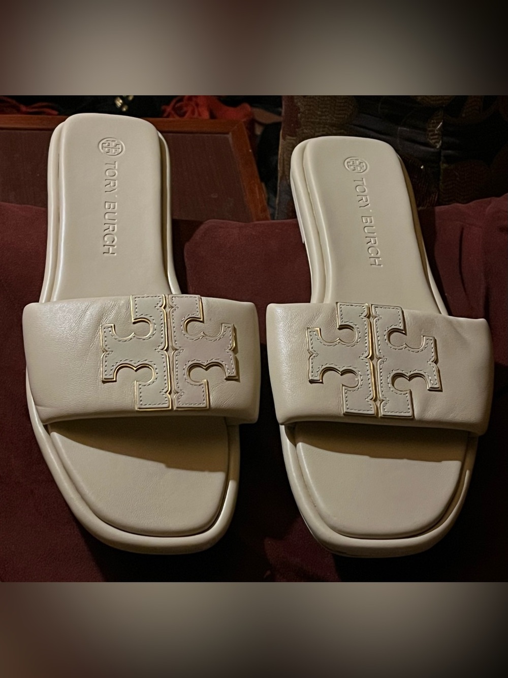 Tory Burch Cream Slide Sandals with Logo